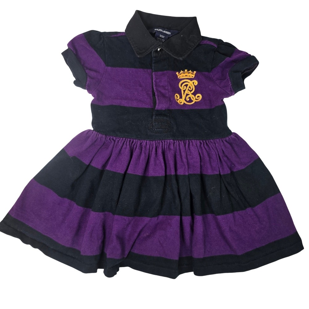 Ralph Lauren Girls 3/3T Purple Black Striped Polo Dress Gold Crest Logo Cotton